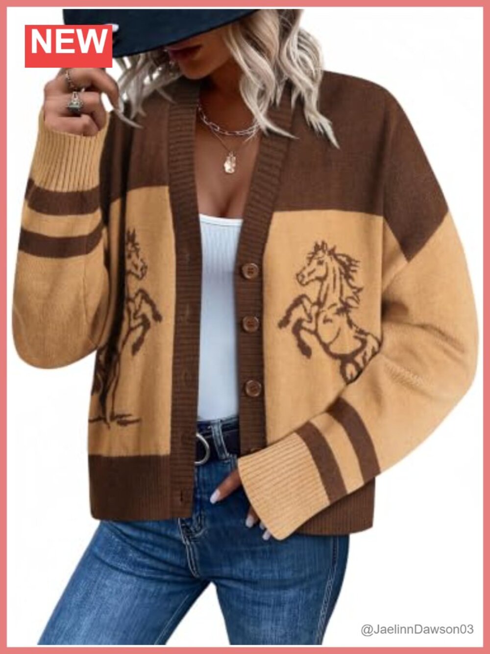 MYMORE Western Cowgirl Horse Print Cardigan Button V Neck Knit Sweater